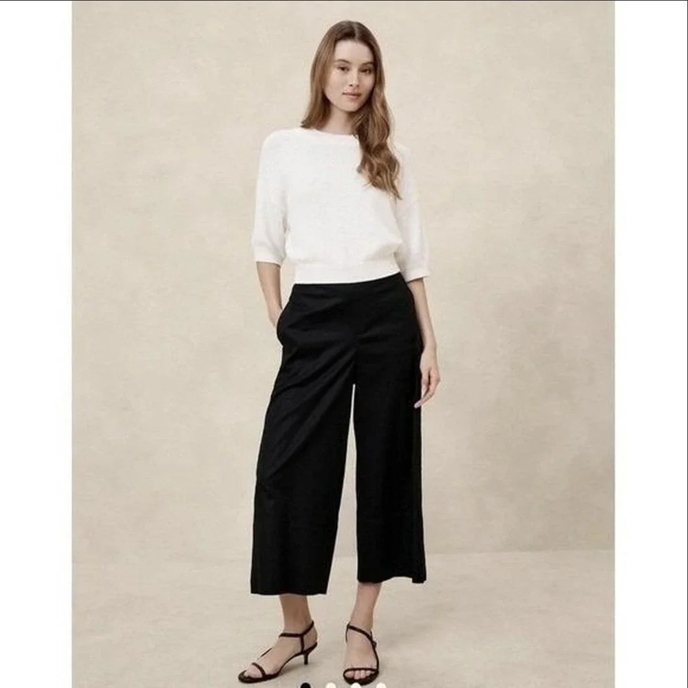 Banana Republic Wide Leg Cropped Pants Large Black Linen Blend High Rise NWT